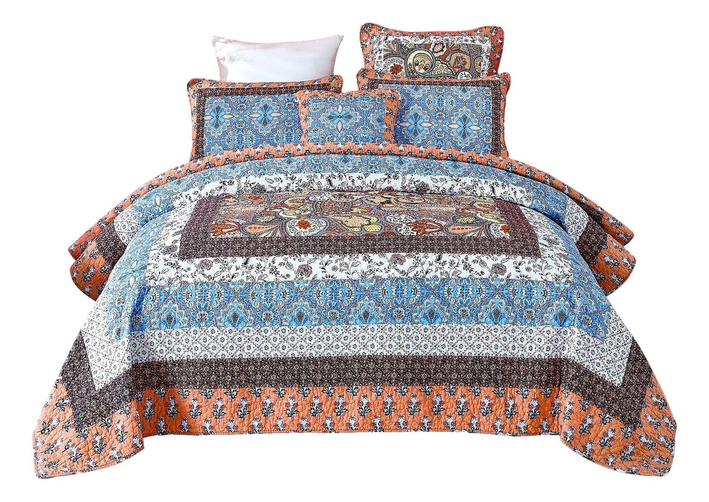 Tache Mosaic Paradise Paisley Floral Blue Orange Bohemian Cotton Patchwork Quilt Set (JHW-933)