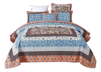 Tache Mosaic Paradise Paisley Floral Blue Orange Bohemian Cotton Patchwork Quilt Set (JHW-933)