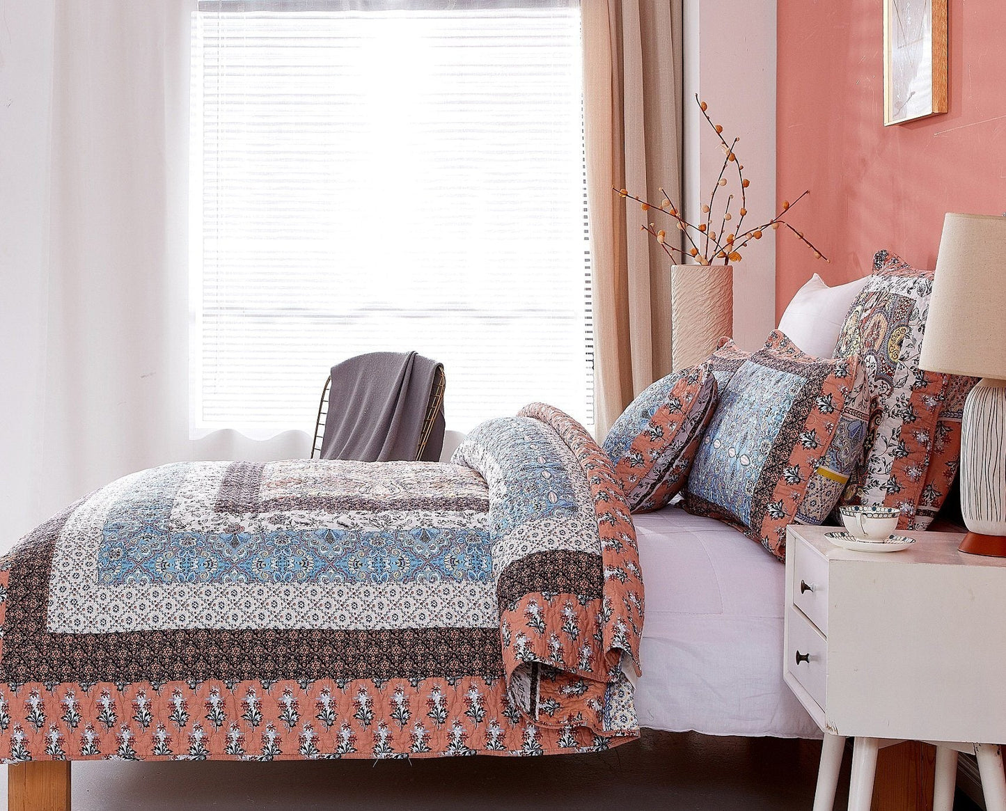 Tache Mosaic Paradise Paisley Floral Blue Orange Bohemian Cotton Patchwork Quilt Set (JHW-933)