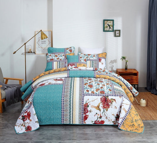 Tache Old World Garden Pastel Blue Yellow Red Hummingbirds Cotton Patchwork Quilt Set (JHW-936)