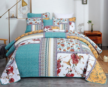 Tache Old World Garden Pastel Blue Yellow Red Hummingbirds Cotton Patchwork Quilt Set (JHW-936)