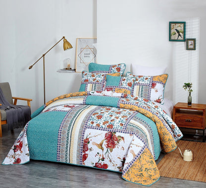 Tache Old World Garden Pastel Blue Yellow Red Hummingbirds Cotton Patchwork Quilt Set (JHW-936)