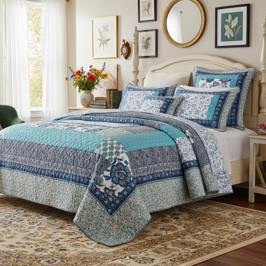 Cotton Floral Patchwork Quilt Set in Blue and White