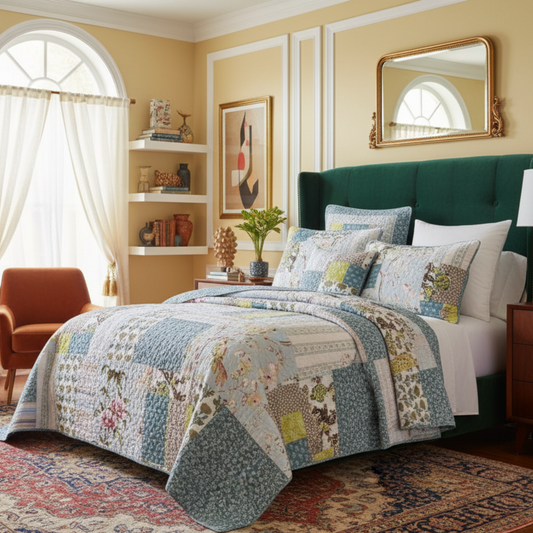 Cotton Patchwork Quilt Set with Floral Design in Pastel Blue