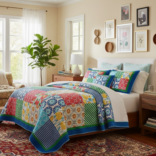 Cotton Patchwork Dreamy Meadow Floral Quilt Set