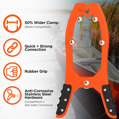 Original® BAX-JAW Kayak Anchor Clamp Grip - Wide 5.25" Self Locking Tension Jaw with Floating Pouch and 15' Paracord 550 Rope, Kayaking Accessories (Corrosion-Proof Steel)