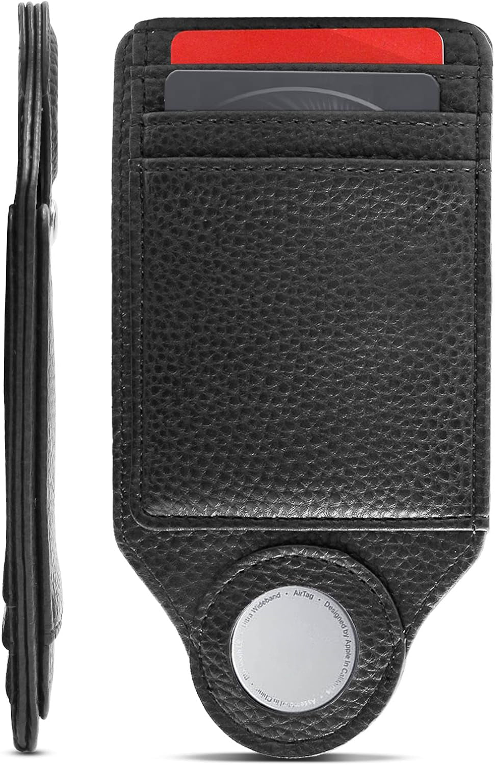 Worlds Slimmest Airtag Wallet for Men, Ultra-Thin Super Slim Profile (Deep Grain) PU Leather Card Holder Compatible with Apple AirTag