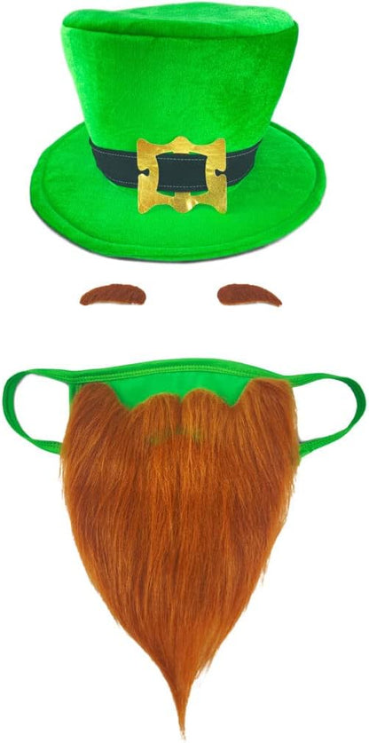 St Patricks Day Beard Face Mask and Green Hat Leprechaun Costume for Adults
