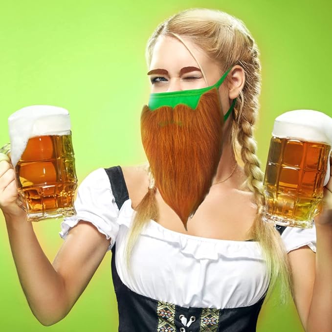 St Patricks Day Beard Face Mask and Green Hat Leprechaun Costume for Adults