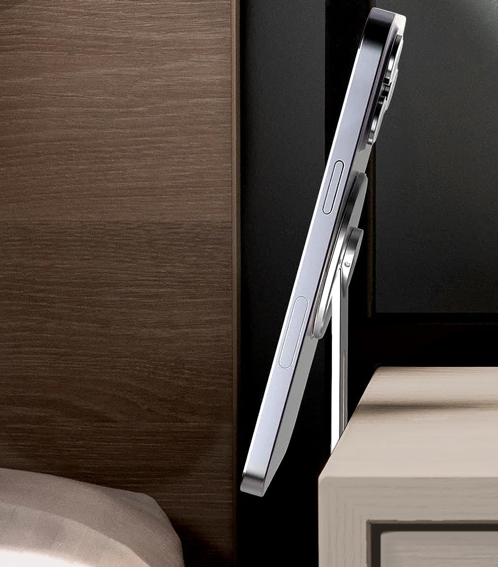 Magnetic Phone Holder, Fold-Away Swivel Stand Compatible with MagSafe for iPhone 12, 13, 14, 15 Pro Max | Bedroom Nightstand, Desk, Kitchen and More (Low Profile Sidemount/Under-Mount)