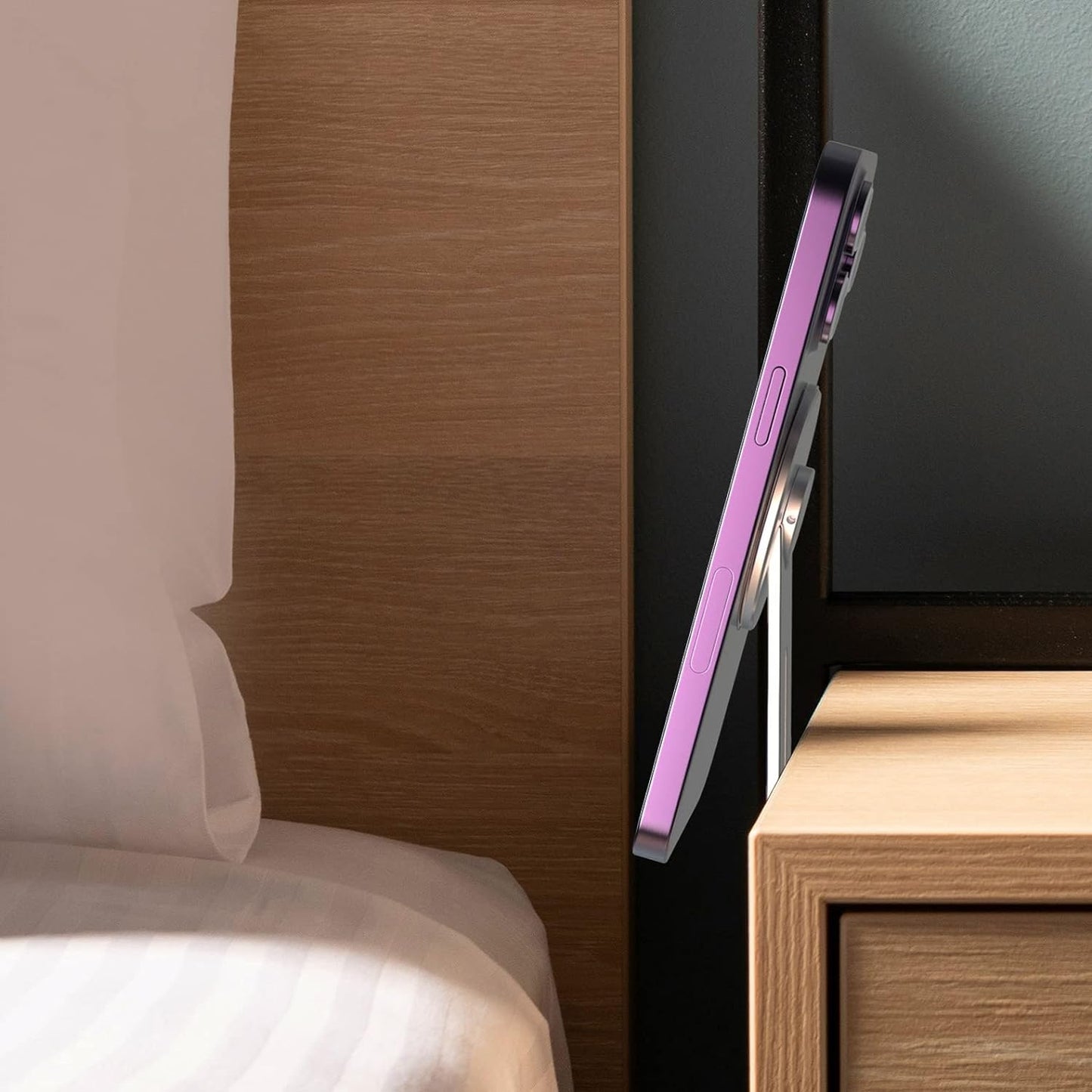 Magnetic Phone Holder, Fold-Away Swivel Stand Compatible with MagSafe for iPhone 12, 13, 14, 15 Pro Max | Bedroom Nightstand, Desk, Kitchen and More (Low Profile Sidemount/Under-Mount)