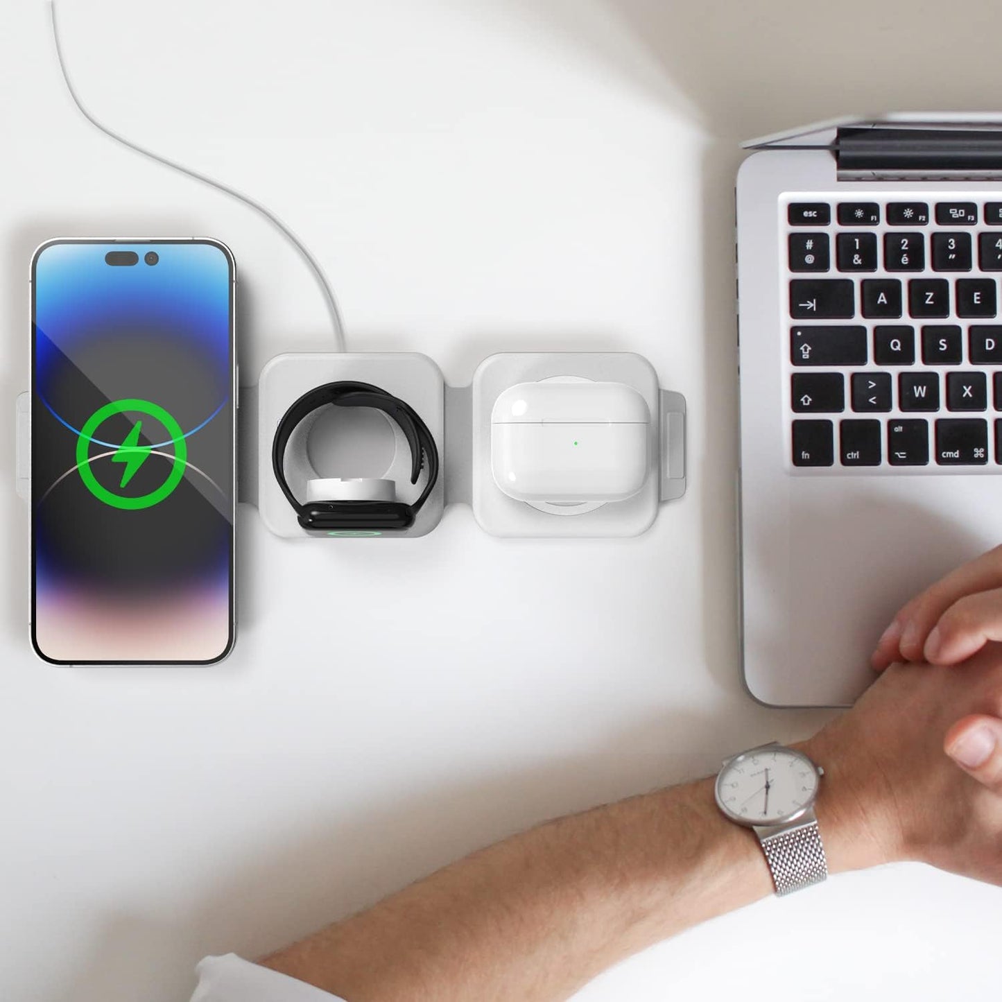 (2 Pack Set) Travel 3 in 1 Charging Station for Multiple Devices Apple Compatible Folding Magnetic Charger for AirPods, Apple Watch and iPhone (Compatible with MagSafe)