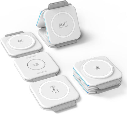(2 Pack Set) Travel 3 in 1 Charging Station for Multiple Devices Apple Compatible Folding Magnetic Charger for AirPods, Apple Watch and iPhone (Compatible with MagSafe)