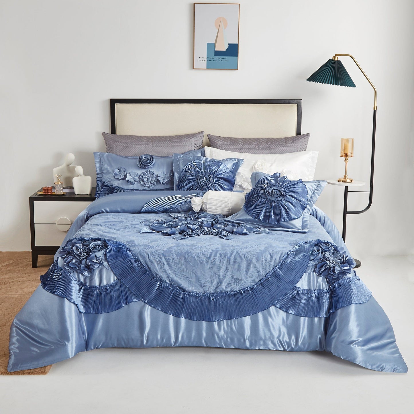 Tache Satin Floral Lace Ruffle Sweet Victorian Luxurious Blue Comforter Set (MZ002B)