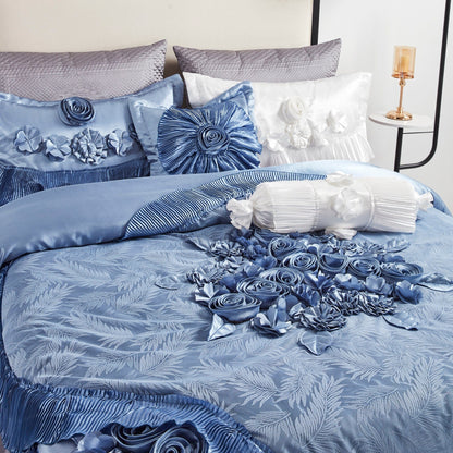 Tache Satin Floral Lace Ruffle Sweet Victorian Luxurious Blue Comforter Set (MZ002B)