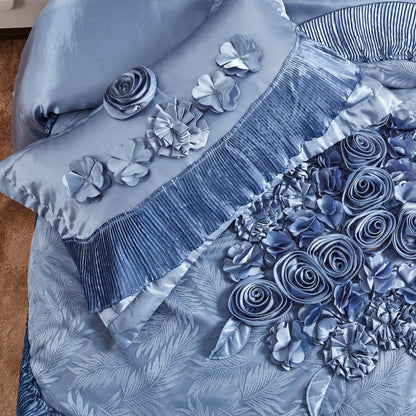 Tache Satin Floral Lace Ruffle Sweet Victorian Luxurious Blue Comforter Set (MZ002B)