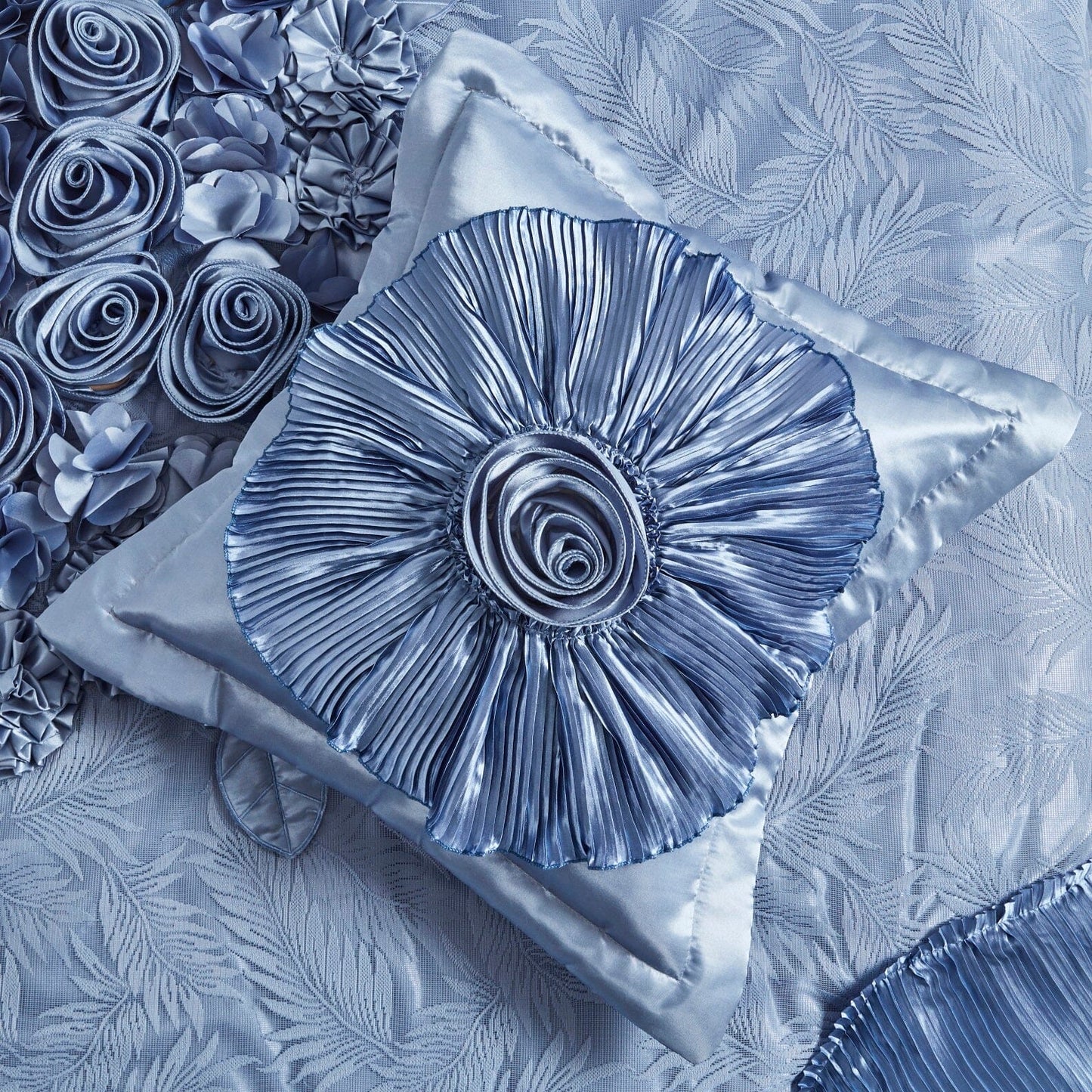 Tache Satin Floral Lace Ruffle Sweet Victorian Luxurious Blue Comforter Set (MZ002B)