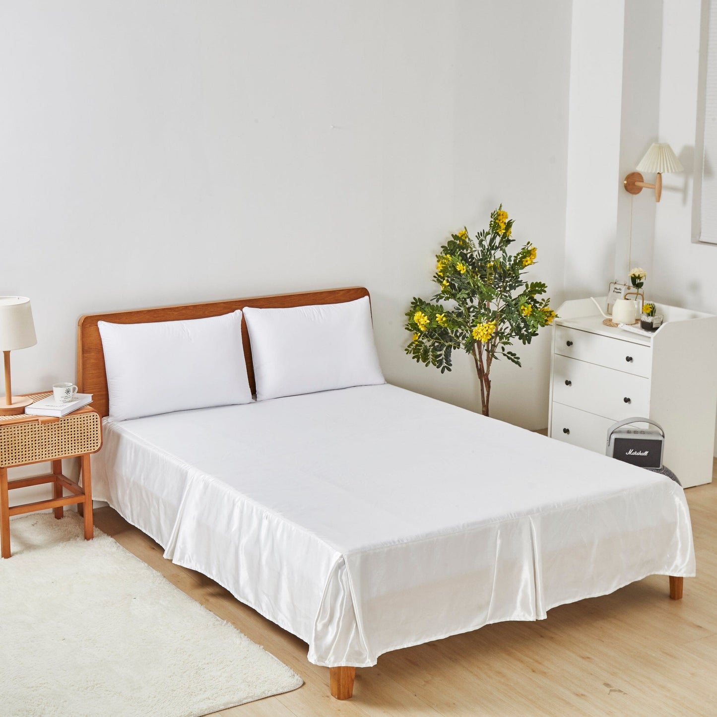 Tache Satin Bright White Lustrous Sweet Victorian Tailored Platform 14" Bed Skirt Dust Ruffle (MZ002)