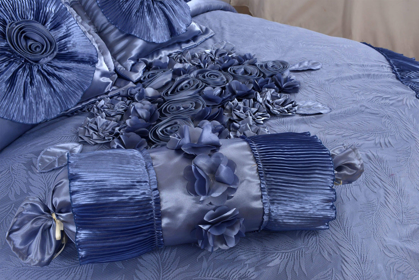 Tache Satin Floral Lace Ruffle Sweet Victorian Luxurious Blue Comforter Set (MZ002B)
