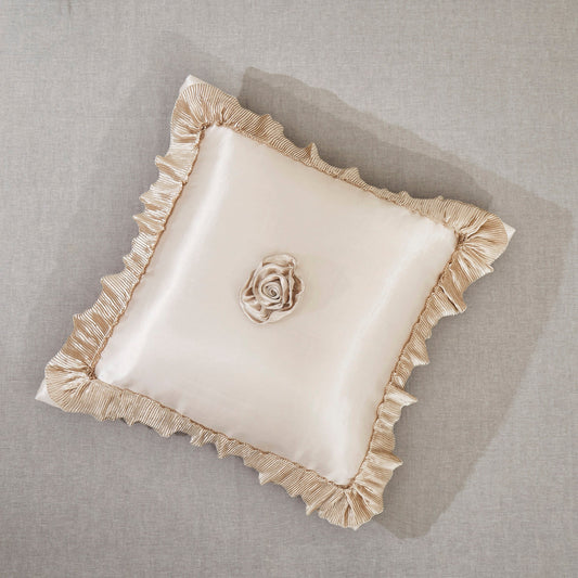 Cream Beige Faux Silk Euro Sham with Ruffles and Floral Embellishments