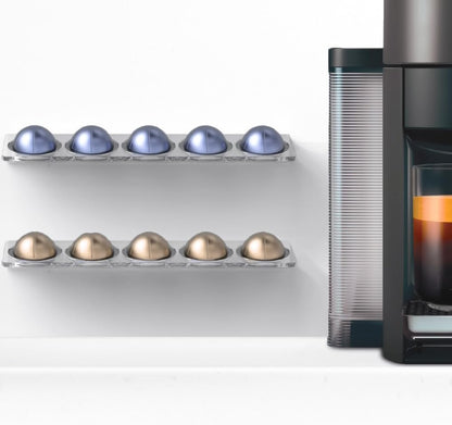 Small Vertuo Capsule Organizer Shelf, Compatible with Nespresso Pods Holder Wall Mount for 10 Coffee Cups, Easy Flavor Access (Adhesive Backing) Clear Acrylic