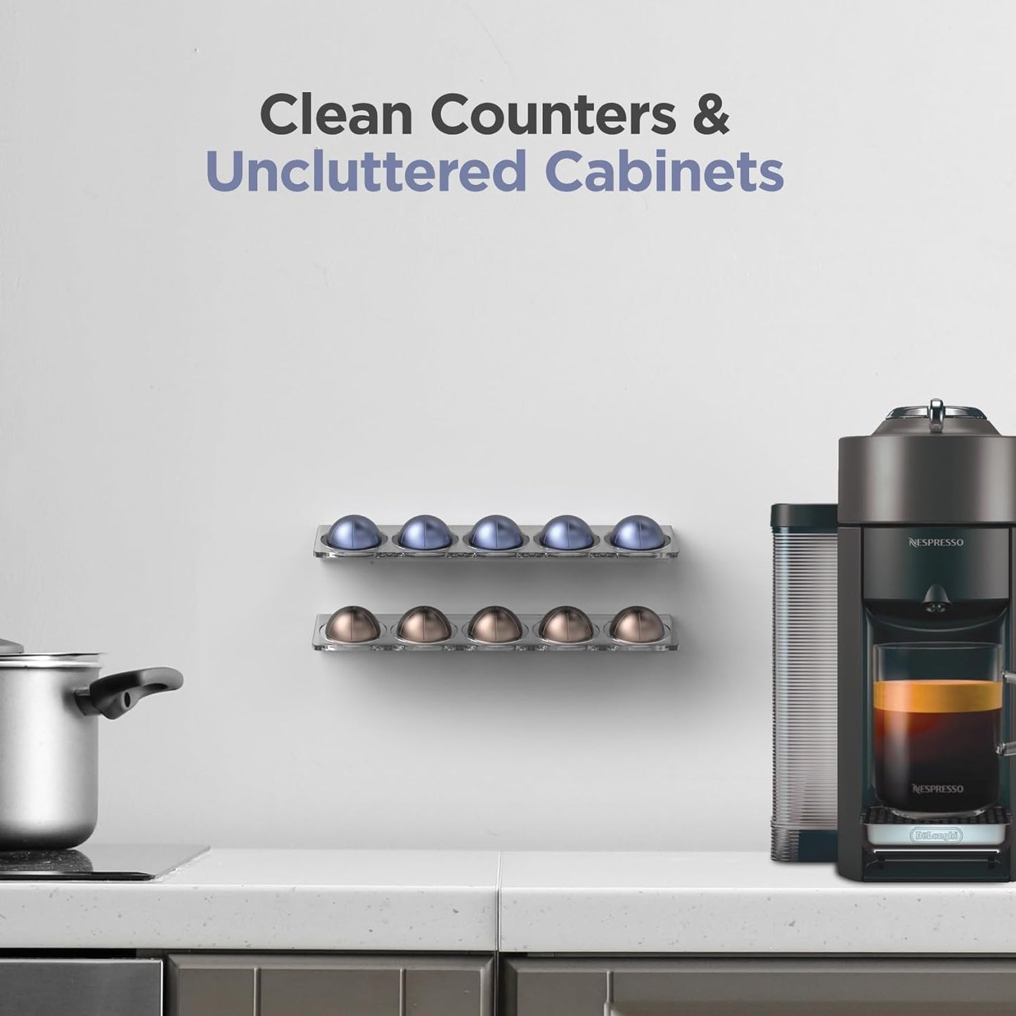 Small Vertuo Capsule Organizer Shelf, Compatible with Nespresso Pods Holder Wall Mount for 10 Coffee Cups, Easy Flavor Access (Adhesive Backing) Clear Acrylic
