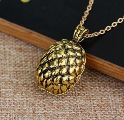 Gold Dragon Egg Pendant Necklace – Antique Fantasy-Inspired Jewelry with Textured Scale Design, 18" Chain