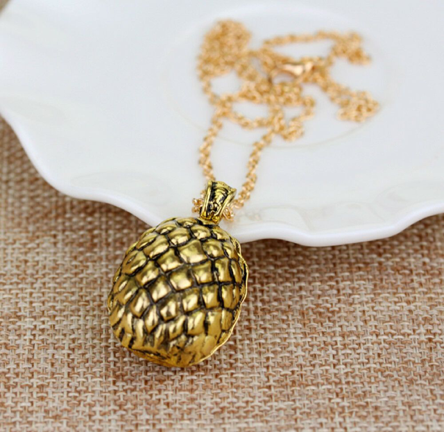 Gold Dragon Egg Pendant Necklace – Antique Fantasy-Inspired Jewelry with Textured Scale Design, 18" Chain