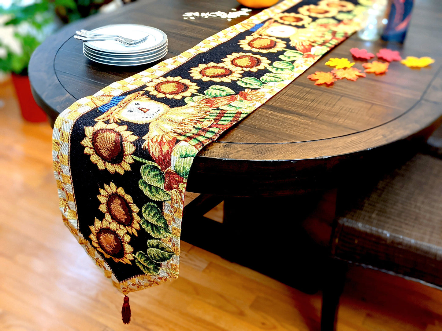 Tache Sunflower Field Scarecrow Autumn Harvest Woven Tapestry Table Runners (11712TR)