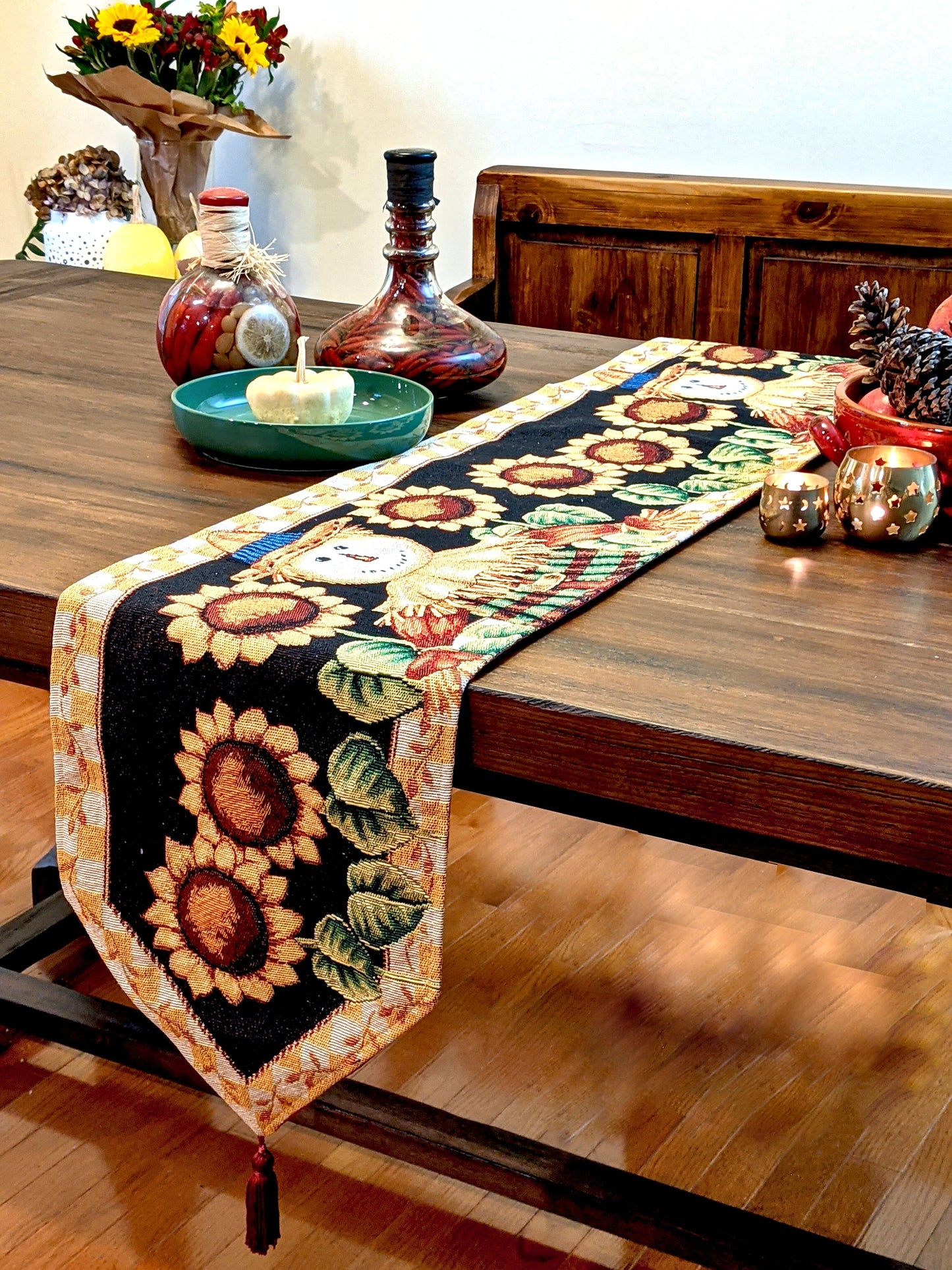 Tache Sunflower Field Scarecrow Autumn Harvest Woven Tapestry Table Runners (11712TR)
