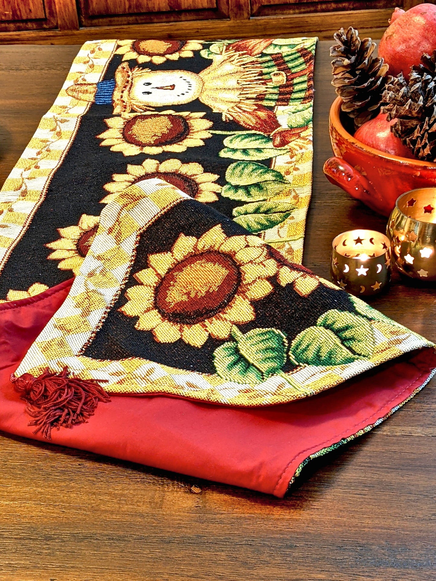 Tache Sunflower Field Scarecrow Autumn Harvest Woven Tapestry Table Runners (11712TR)