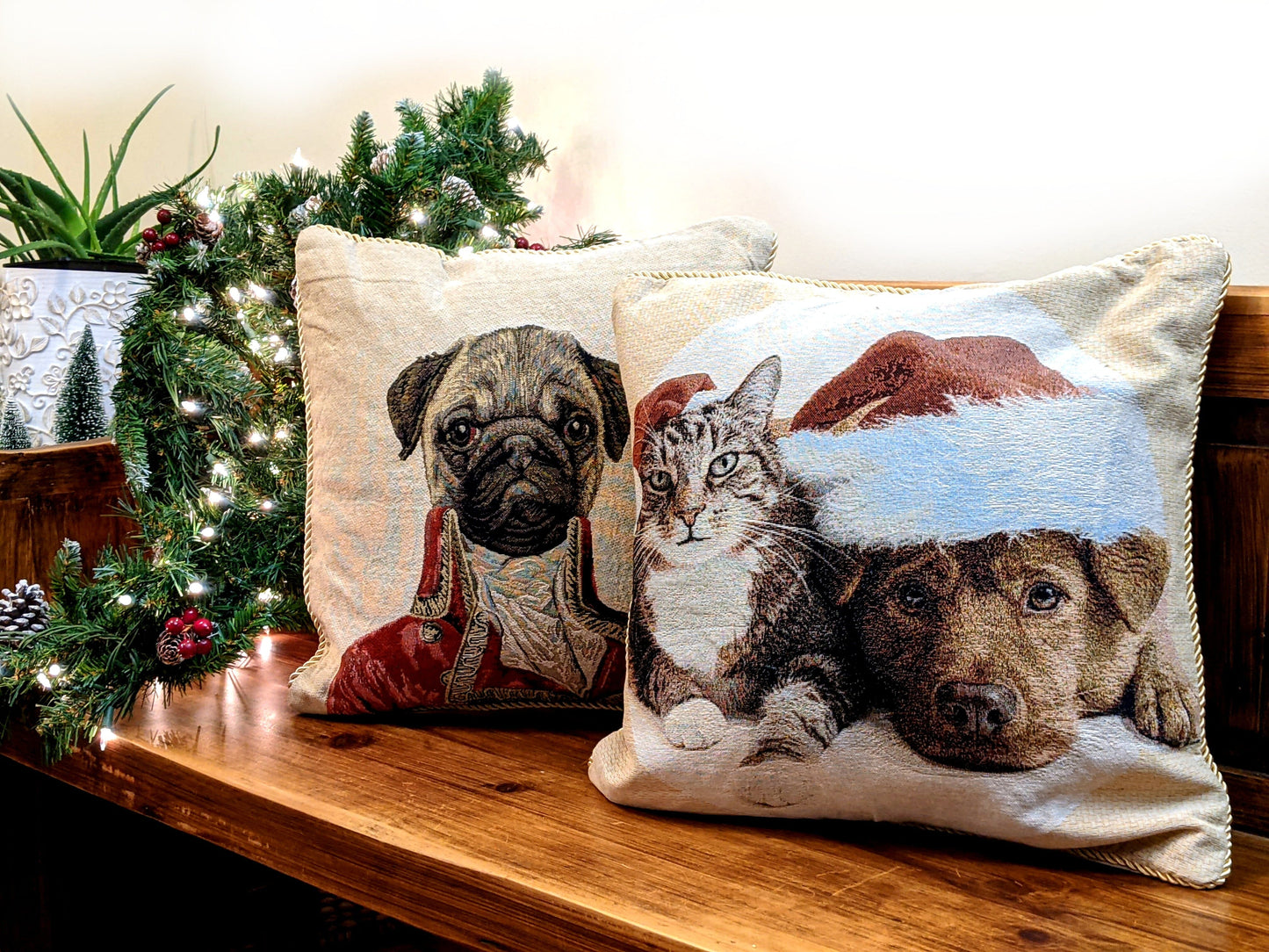 Tache Best Friend Pets Dog and Cat Christmas Tapestry Woven Throw Pillow Cover (16461)