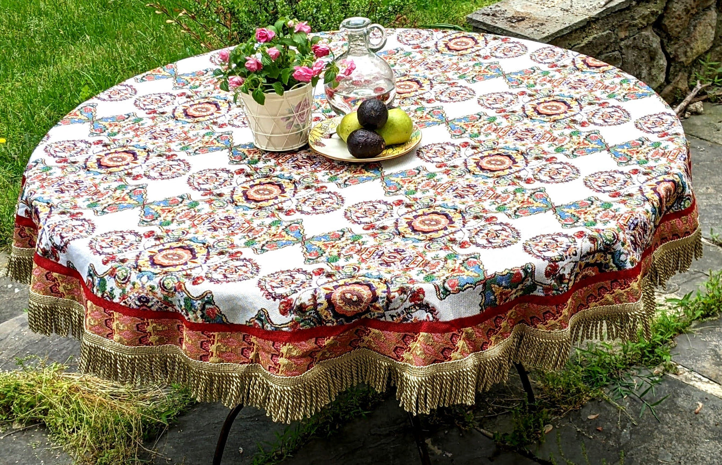 Tache Elegant Ivory Colorful Ornate Paisley Woven Tapestry Tablecloth (18193)