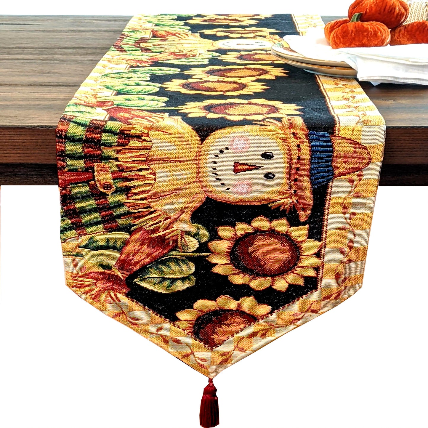 Tache Sunflower Field Scarecrow Autumn Harvest Woven Tapestry Table Runners (11712TR)