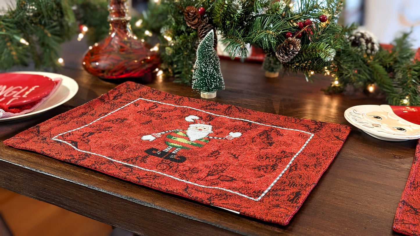 Tache Here Comes Santa Claus Vintage Holiday Woven Tapestry Red Christmas Placemat Set of 4 (8577PM)