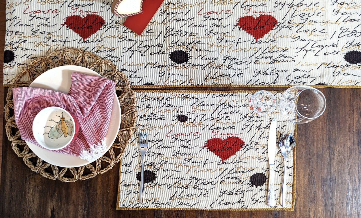 Tache Romantic Valentine’s Love Letter Beige Woven Tapestry Placemat Set (18111)