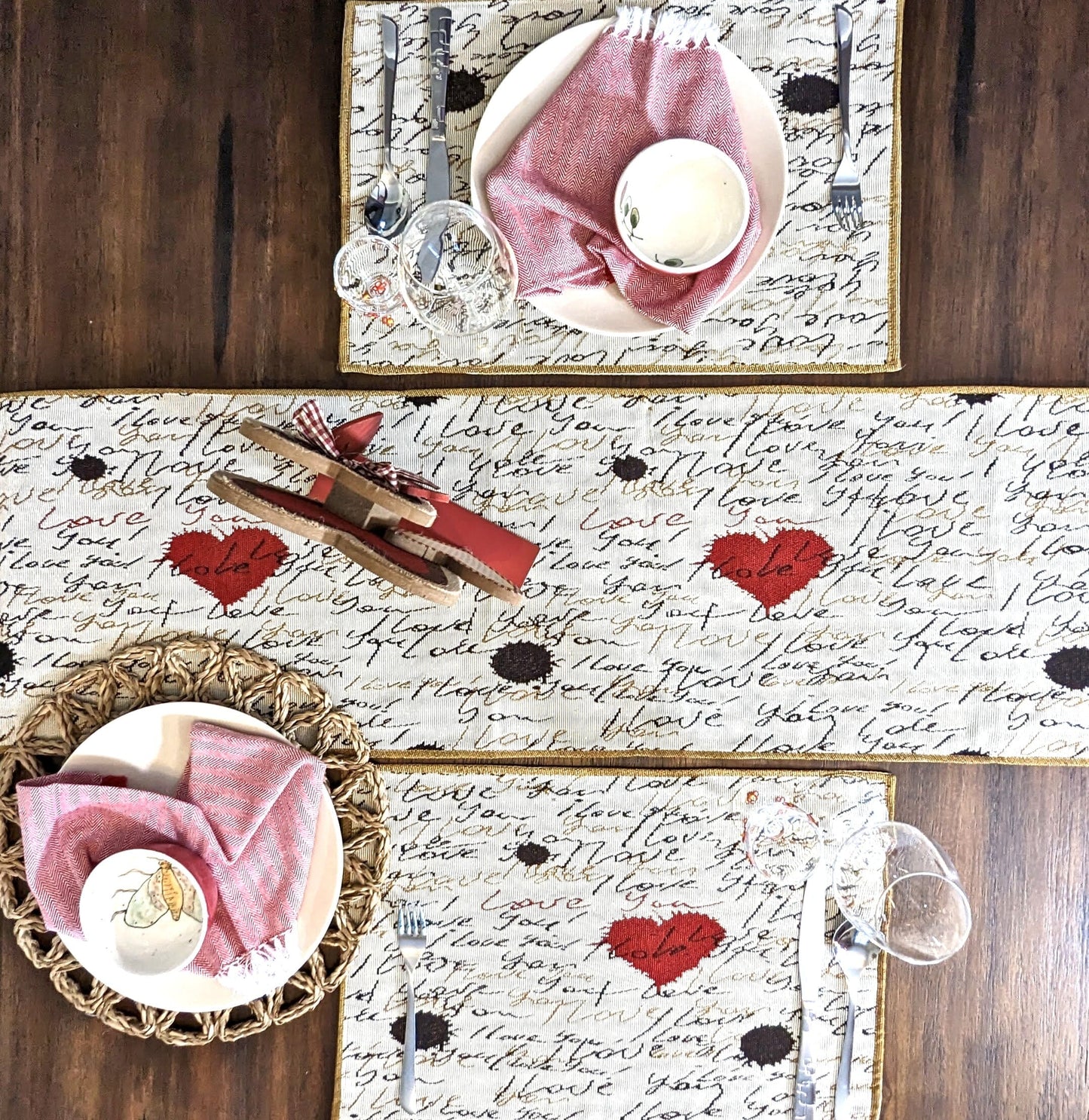 Tache Romantic Valentine’s Love Letter Beige Woven Tapestry Placemat Set (18111)
