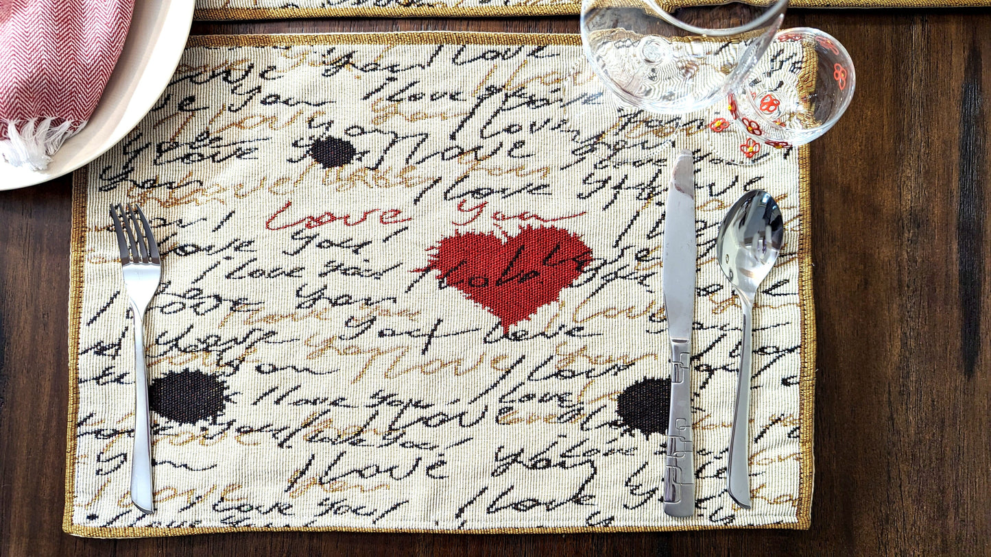 Tache Romantic Valentine’s Love Letter Beige Woven Tapestry Placemat Set (18111)