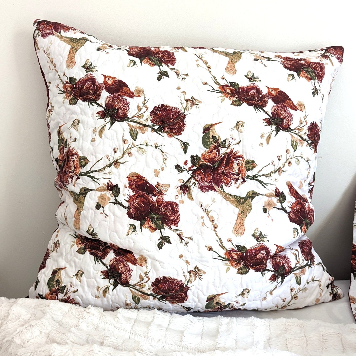 Tache Floral Hummingbirds Burgundy White Vintage Rose Garden Cushion Covers / Euro Sham (SD-7676)
