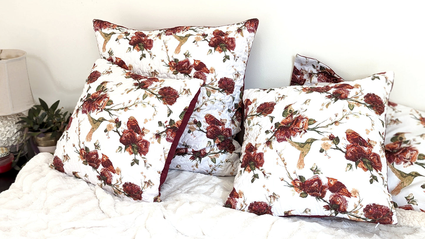 Tache Floral Hummingbirds Burgundy White Vintage Rose Garden Cushion Covers / Euro Sham (SD-7676)