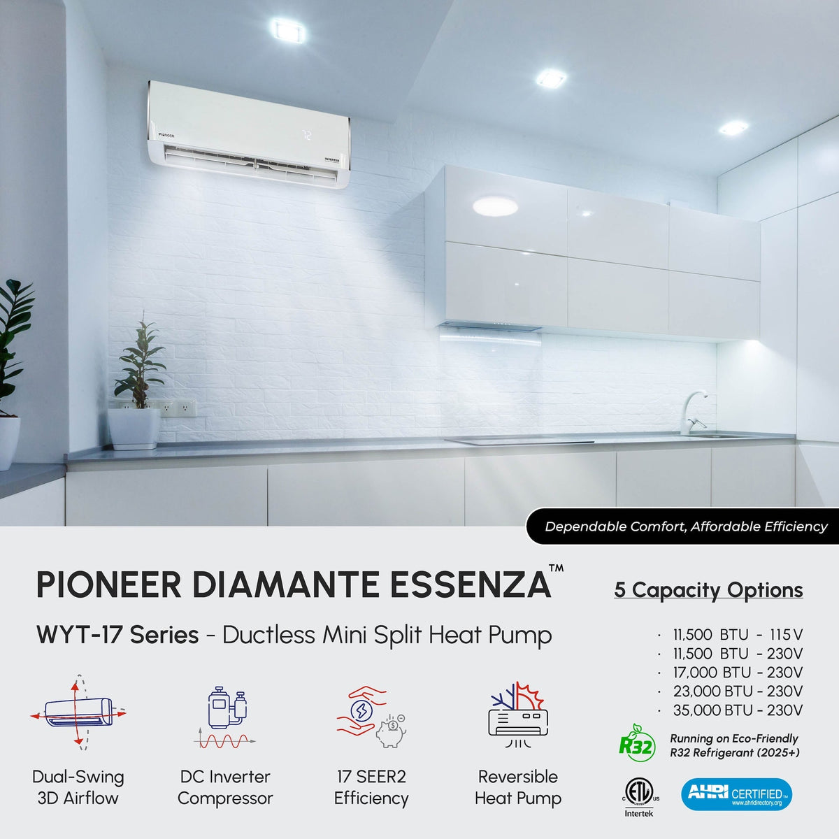 Pioneer Diamante Essenza 17,000 BTU 17 SEER2 230V High-Wall Ductless Mini-Split Air Conditioner Inverter Heat Pump with 16 Ft. Kit – view 4
