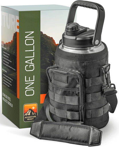 Insulated 1 Gallon Water Bottle with Sleeve - Stainless Steel Wide Mouth Growler with Tactical Carrying Bag - Insulation for Hot/Cold Drinks (128oz)