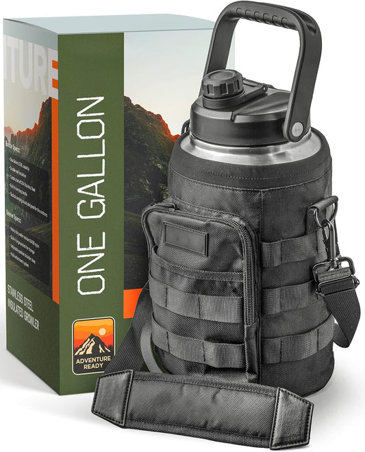 Insulated 1 Gallon Water Bottle with Sleeve - Stainless Steel Wide Mouth Growler with Tactical Carrying Bag - Insulation for Hot/Cold Drinks (128oz)