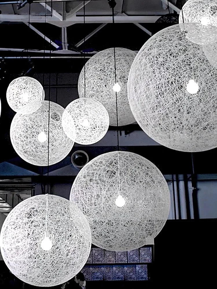 Iron & Acrylic Spherical LED Pendant Light with Rattan-Inspired Weave