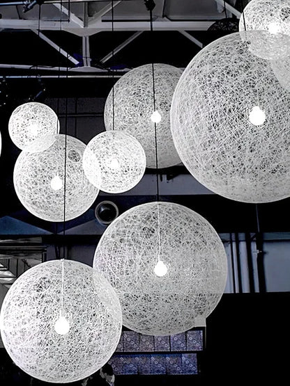 Iron & Acrylic Spherical LED Pendant Light with Rattan-Inspired Weave
