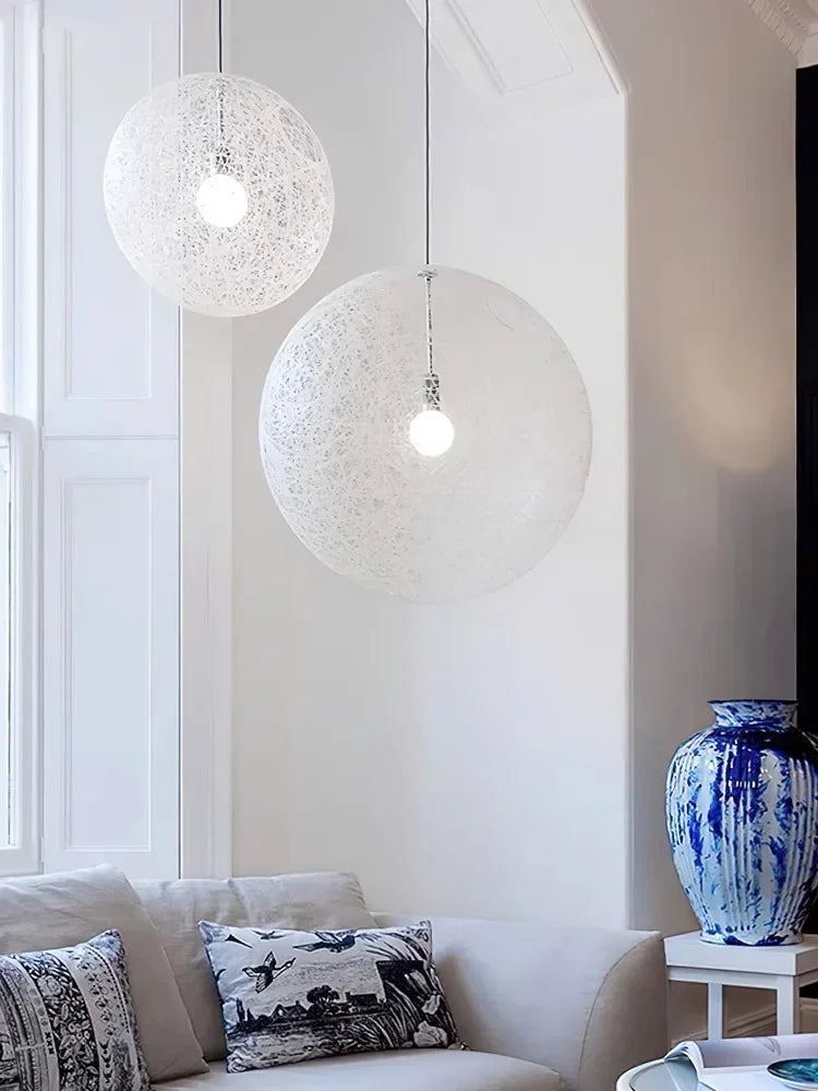 Iron & Acrylic Spherical LED Pendant Light with Rattan-Inspired Weave