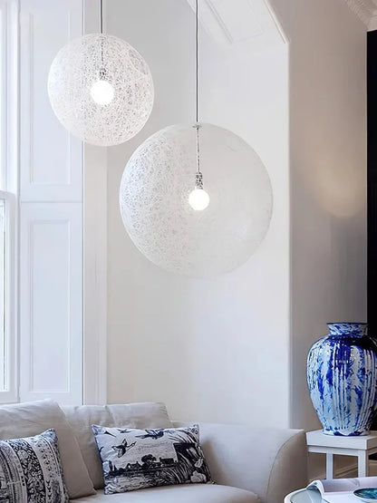 Iron & Acrylic Spherical LED Pendant Light with Rattan-Inspired Weave