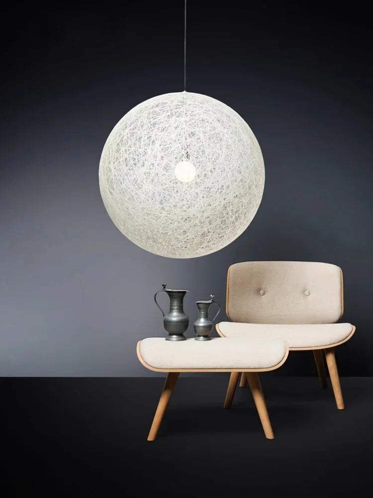Iron & Acrylic Spherical LED Pendant Light with Rattan-Inspired Weave