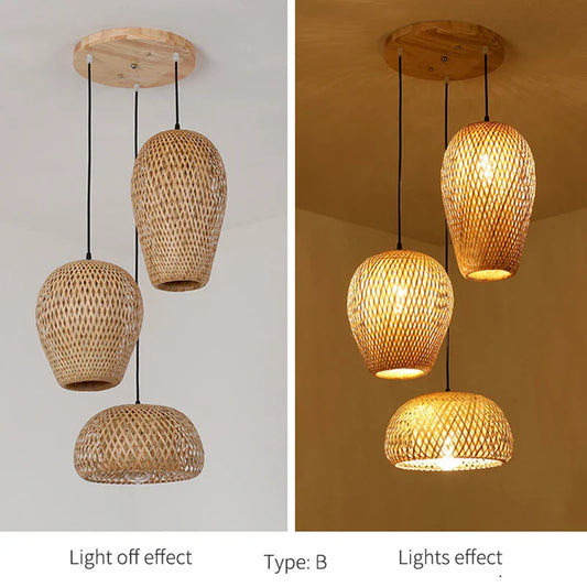 Set of Three Hand-Knitted Bamboo Rattan Pendant Lights