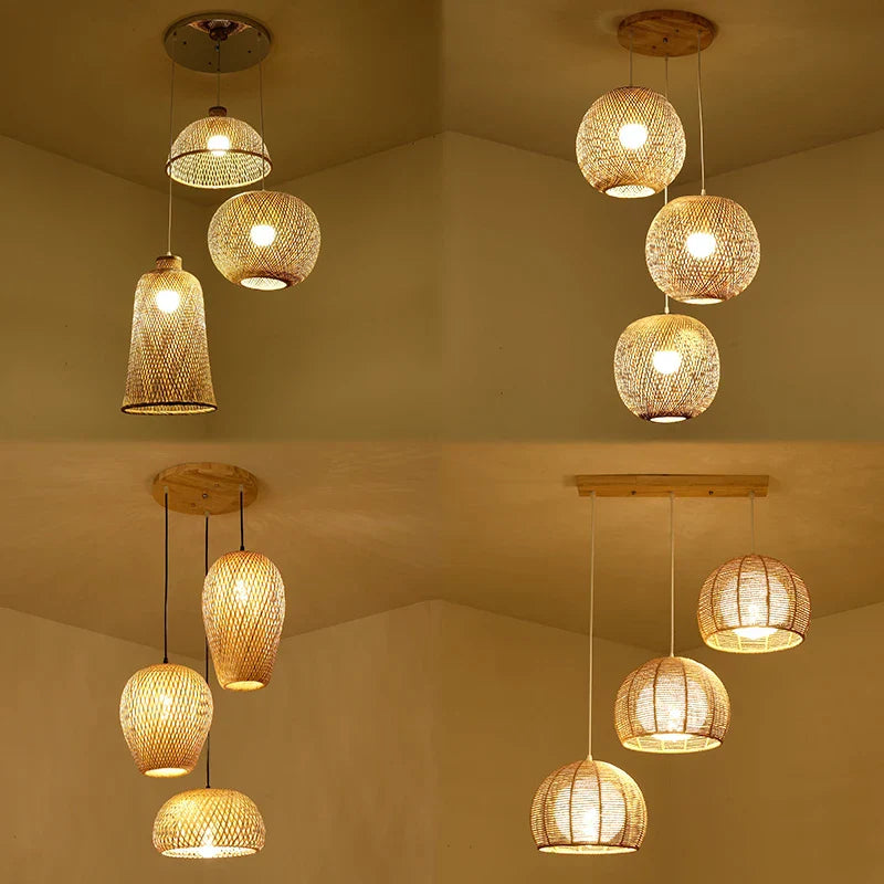 Set of Three Hand-Knitted Bamboo Rattan Pendant Lights